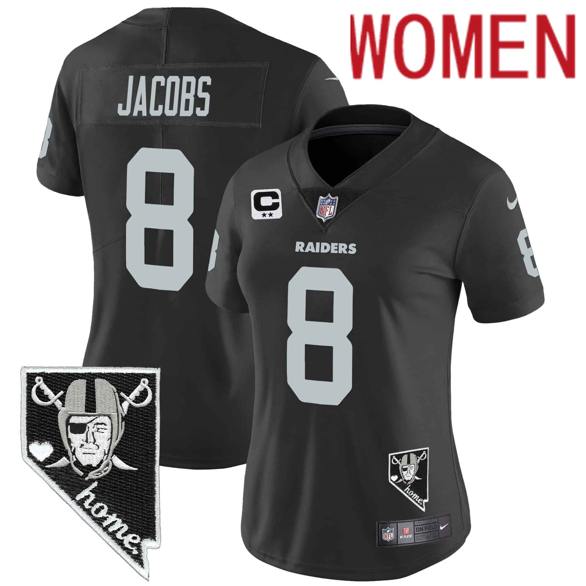 Women Oakland Raiders #8 Jacobs Black 2024 Nike Nevada Home Patch Vapor NFL Jersey style 1->women nfl jersey->Women Jersey